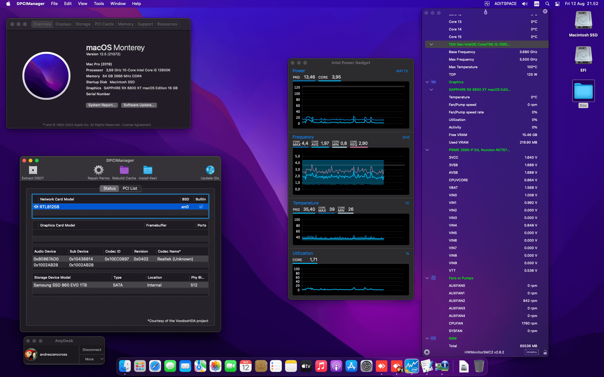 Success Hackintosh macOS Monterey 12.5 Build 21G72 in Asus prima Z690-P D4 + Intel Core i5 12600K + Sapphire RX 6800 XT